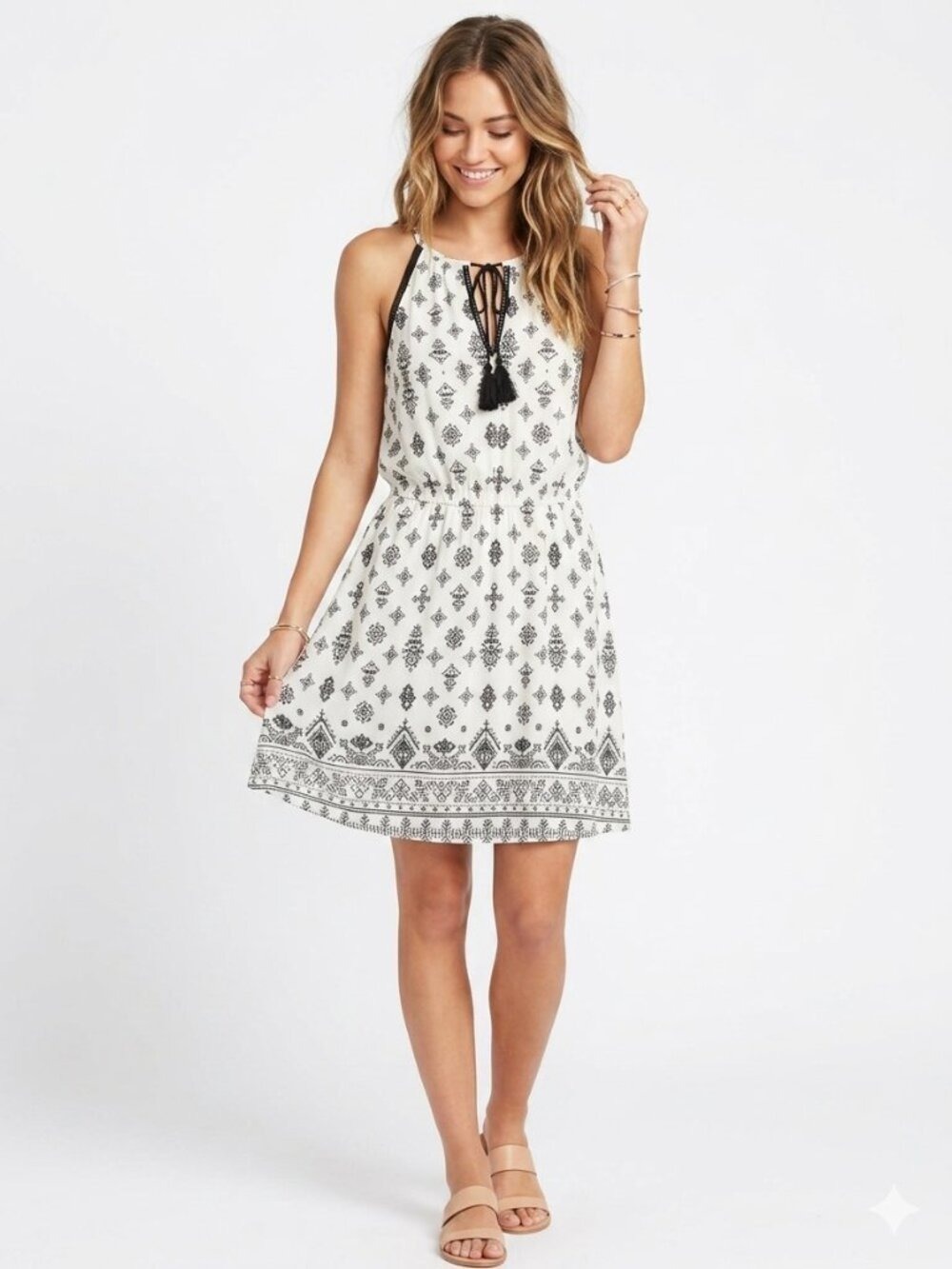 *Dynamite Black White Printed Midi Dress Halter Tie Waist XS 0562